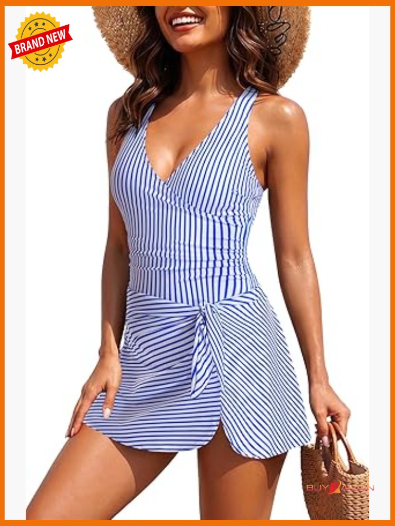 One Piece Swimsuit With Skirt V Neck Wrap Tummy Control Swimdress